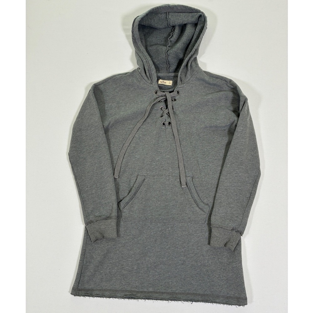 Hollister Womens S Gray Lace Up Longline Tunic Hoodie Sweatshirt Y2K